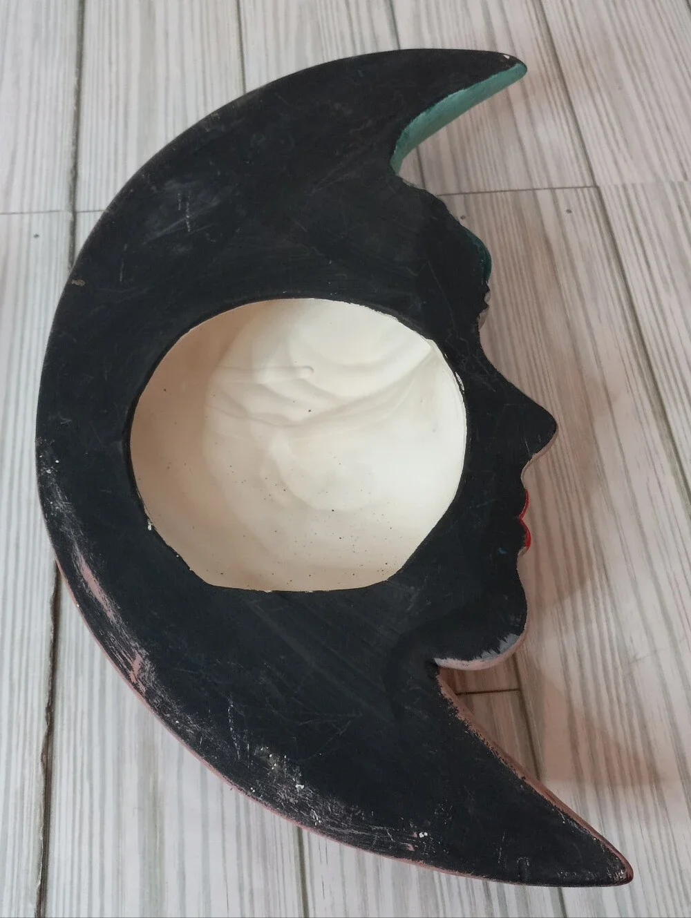 Vintage Crescent Moon Face Wall Art Ceramic Handpainted Celestial Goddess